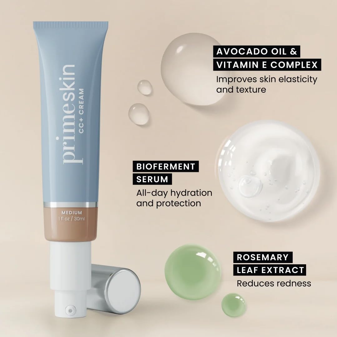 Prime Prometics PrimeSkin CC+ Cream for Mature Women – Lightweight Liquid-to-Powder Foundation – Blurs Pores & Covers Age Spots – Crease-Free, Hydrating & Soft-Matte Finish for Sensitive Skin (Light)