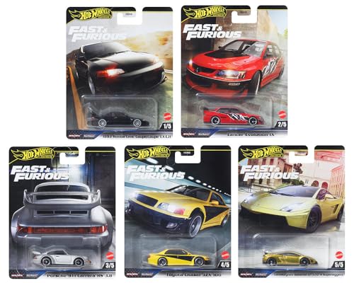 Hot Wheels Premium Fast & Furious Die-Cast Cars, Set of 5, Civic Coupe, Lancer Evo IX, 911 RS 3.8, Toyota Chaser, Gallardo 570-4, 1:64 Scale, Metal HNW46-956M