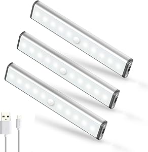 Under Cabinet Lighting, Motion Sensor Closet Light USB Rechargeable 10 LED Night Lights, Stick-on Anywhere Portable Light Bar for Closet Cabinet Counter Wardrobe Stairs Kicthen