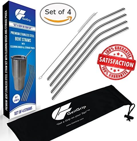 GetiGrip Extra Long Stainless Steel Drinking Straws, Set of 4 Bent + FREE Storage Pouch + Cleaning Brush! For Yeti, Ozark Trail, RTIC & other Tumbler Brands; Perfect for 20 oz & 30 oz Cups!