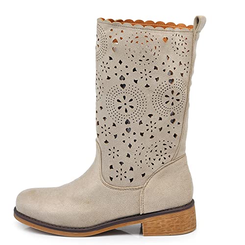 IF Fashion Damenschuhe Frühlings- und Sommerstiefel Perforierte Wadenhohe Biker-Stiefel Mit Schnallen Amphibien LY70-1, 37 EU