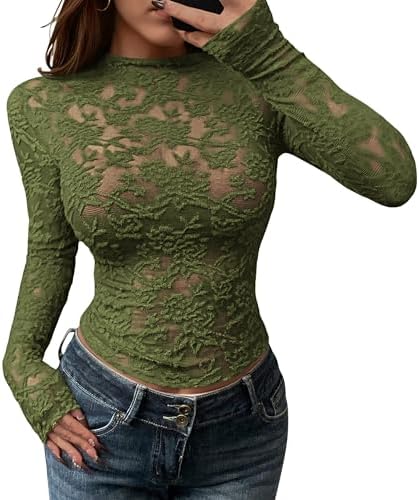 Verdusa Women's Mock Neck Long Sleeve Marble Mesh Slim Fitted Tee