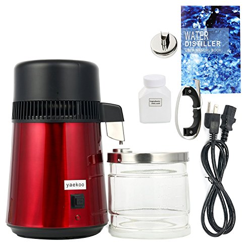 YaeCCC Water Distiller Water Purifier 750W 4L Pure Water Distillation Water Maker 304 Stainless Steel Purifier Filter With Glass Jar (Red)