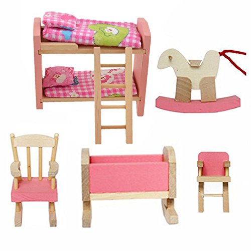 Cisixin Pink Wooden Dolls Toy Furniture Bedroom Pretend Play...