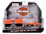 Maisto 1987 Chevrolet Pickup Truck with Enclosed Car Trailer Orange & Black Harley Davidson 1/64 Die-Cast Model Car 15363-HD1