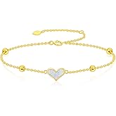 Solid 14K Gold Opal Bracelet for Women Heart Bracelet with White Opal Dainty Love Heart Bracelet Jewelry 6.5+2 inch