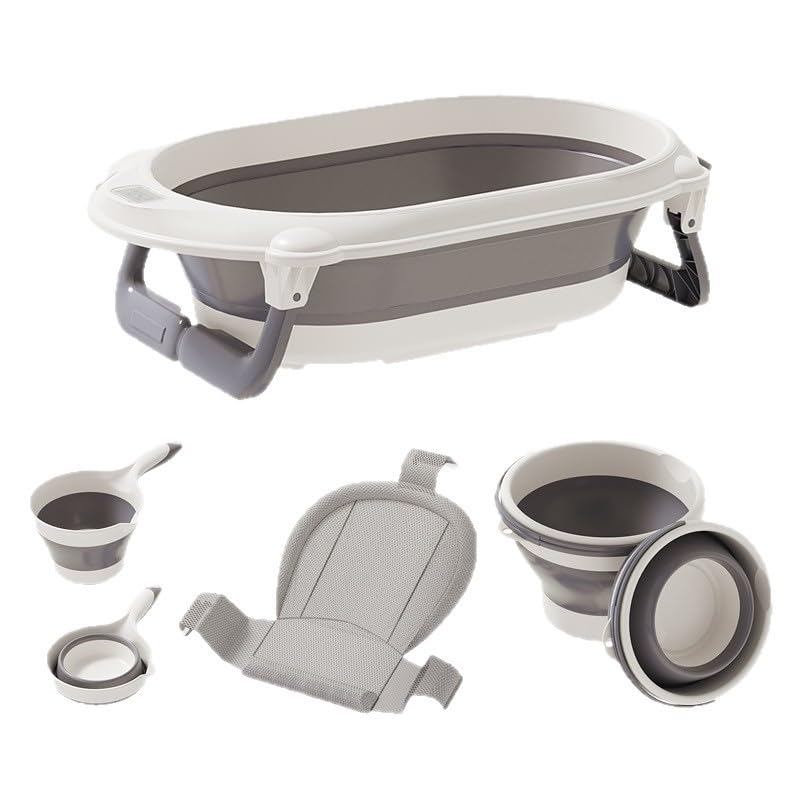 Last page® 4-in-1 folding baby bathtub set, a foldable baby bathtub suitable for newborns to toddlers. This portable bathtub set includes a bathtub, a bath net, a water bucket and a water spoon