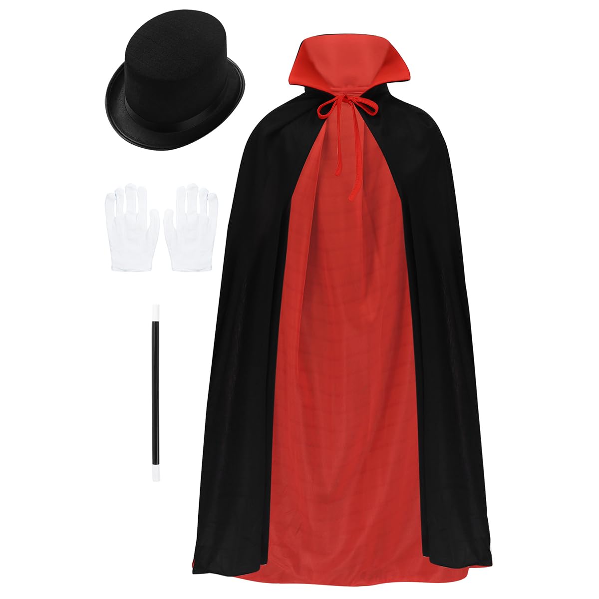 ranrann Kids Girls Boys Magician Halloween Role Play Outfits Cape Hat Magic Wand Gloves Set Fancy Dress Up Black&Red One Size