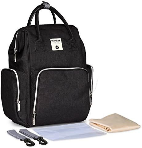 DCCN Nappy Changing Backpack Large Capacity Travel Diaper Tote Bag with Changing Mat/Waterproof Inner Bag/Stroller Straps - Black