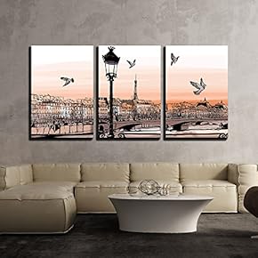 3 Piece Canvas Wall Art - Vector - Sunset on Seine River from Pont Des Arts in Paris - Vector Illustration - Modern Home Art Stretched and Framed Ready to Hang - 16"x24"x3 Panels