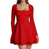 XXTAXN Women‘s Sexy Lace Sweetheart Neck Long Sleeve Corest Ruched Waist Flowy Mini Dress