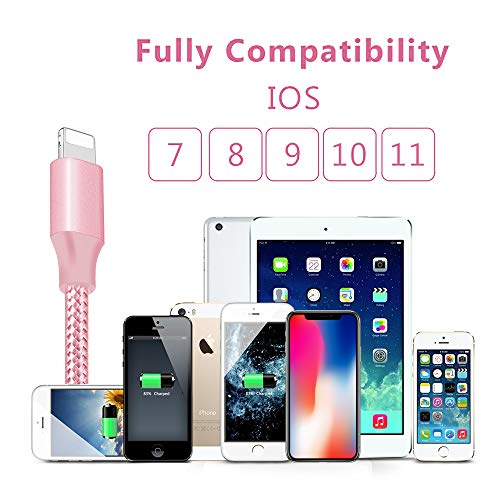 Phone Cable 6Pack 2x3FT 2x6FT 2x10FT to USB Syncing Data and Nylon Braided Cord Charger Charging Cable Compatible Phone XS MAX, XR, X, 8, 7, 7 Plus, 6, 6s, 6 Plus, 5, 5c, 5s, SE -GoldPink - Thumbnail 5