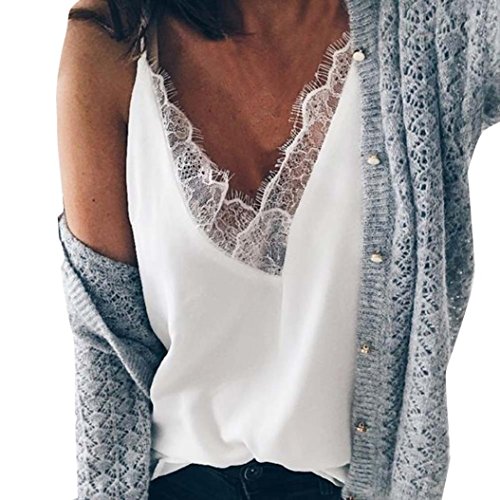 lotus.flower 2018 Womens Chiffon Sexy Lace Vest Fashion V-Neck Cotton Sleeveless T-Shirt (XL, White)