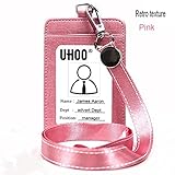 Badge Holder, PU Leather ID Card Badge Holder with Neck Lanyard/Strap, 1 ID Window and 1 Card Slot Can Hold 3 Cards(Retro texture pink)