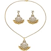 NewZenro Teardrop Pearl Beaded Tassel Dangle Drop Round CZ Stud Earrings Choker Pendant Necklace Set for Women Indian Fashion Trendy Bollywood Jewelry for Party Wedding 18"