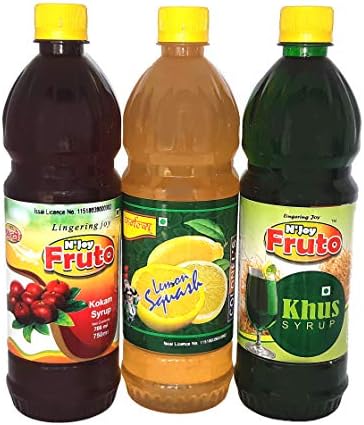 NjoyFruto Combo Pack of Kush Syrup (750ml) Kokam Syrup (750ml) Lemon Squash (750ml)