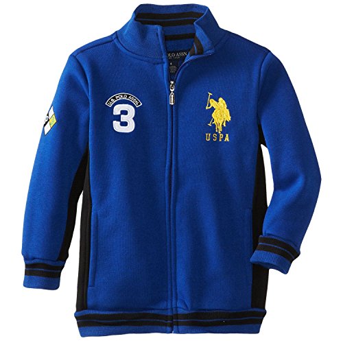 U.S. Polo Assn. Little Boys' Fleece Mock Neck Jacket with Striped Ribbing, Cobalt Blue, 5/6