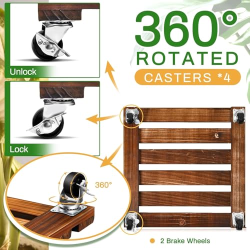 Heavy Duty Plant Caddy, Wood Rolling Plant Stand 220 LB, 2 PCS 14in with 4 Wheels, Wooden Plant Dolly with Metal 360° Lockable Caster Wheels, for Outdoor Indoor Plant Pots, Flower Pot, Patio (Square)