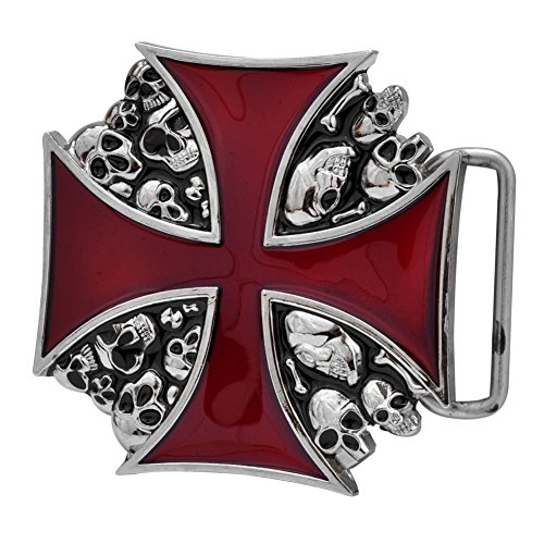 Buckle-Rage-Adult-Mens-Maltese-Iron-Cross-Skulls-Gothic-Punk-Belt-Buckle-Red