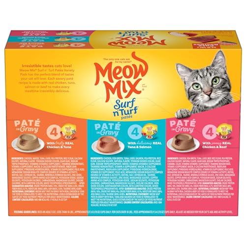 MEOW MIX PATÉ IN GRAVY WET CAT FOOD VARIETY PACK, SURF N’ TURF PATÉS 2.75 OUNCE (PACK OF 12)