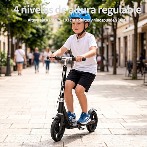Scooter para Niños de 8 a 12 Años, Adolescentes y Adultos, Scooter Plegable con Campana, Freno de Mano y Altura Ajustable, Capacidad de Peso de 150KG, Perfecto para La escuela, Campus, Paseos