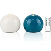 Fanna 2 Real Wax LED Ball Candles with Remote, Battery Operated Sphere Candles with Timer for Weddings and Home Decorations, White and Turquoise - D4 inches x H3.1 inches