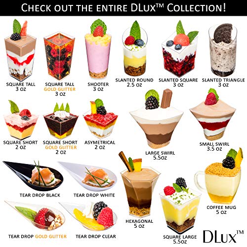 DLux 100 x 3 oz Mini Dessert Cups with Spoons, Shooter - Clear Plastic Parfait Appetizer Cup - Small Disposable Reusable Shot Glass for Tasting Party Shooters Desserts Appetizers - With Recipe Ebook