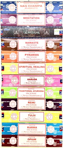 Satya Set of 12 Nag Champa Meditation Emotions Namaste Pyramids Spiritual Healing Aaruda Traditional Ayurveda Reiki Tulsi Karma Opium by