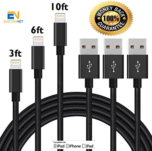 ElectraNet Apple MFi Certified Lightning to USB Sync and Charging Cable - Nylon Braided iPhone Charger Cable 3ft, 6ft, 10ft - iPhone 7, SE, 5, 5s, 6, 6s, 6,i Pad Air, Mini, iPod (Black)