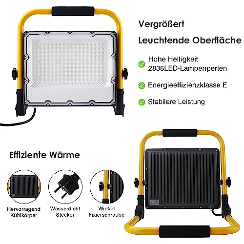 OUSIDE 150 W LED Construction Spotlight with Tripod and 4 m Cable, IP66 Waterproof Work Light with Schuko Plug for Workshop, Maintenance or Construction Site, 6500 K Cool White Light, 15000 Lumen