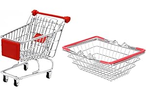 GARVALON Pretend Play Grocery Basket and Stainless Steel Shopping Cart for Preschoolers Creative Snack Fry