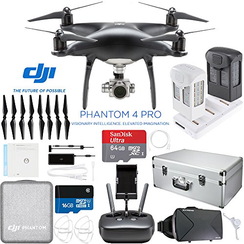 DJI Phantom 4 PRO Quadcopter Drone (Obsidian) with Extra Battery Plus microSD 64GB Card and Aluminum Case Bundle