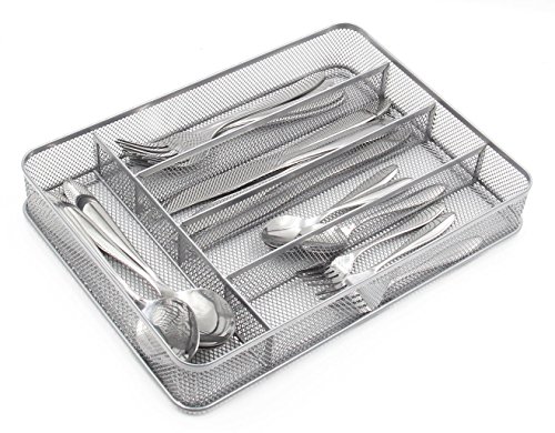 IZLIF Mesh 5 Compartment Cutlery Tray Utensil Flatware Dividers Kitchen Drawer Organizer Cutlery Holder,Silver