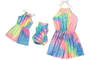 AWIBMK Mommy and Me Dresses Outfits Floral Sling Family Matching Romper V Neck Clothes Suit Set for Mother and Daughter