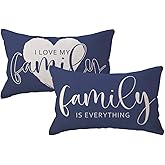 ULOVE LOVE YOURSELF Home Quote Throw Pillow Cover Family is Everything Cushion Covers 12 x 20 Inch Farmhouse Rustic Decor Lumbar Pillowcases 2Pack with Saying Housewarming Gifts for Sofa Couch (Blue)