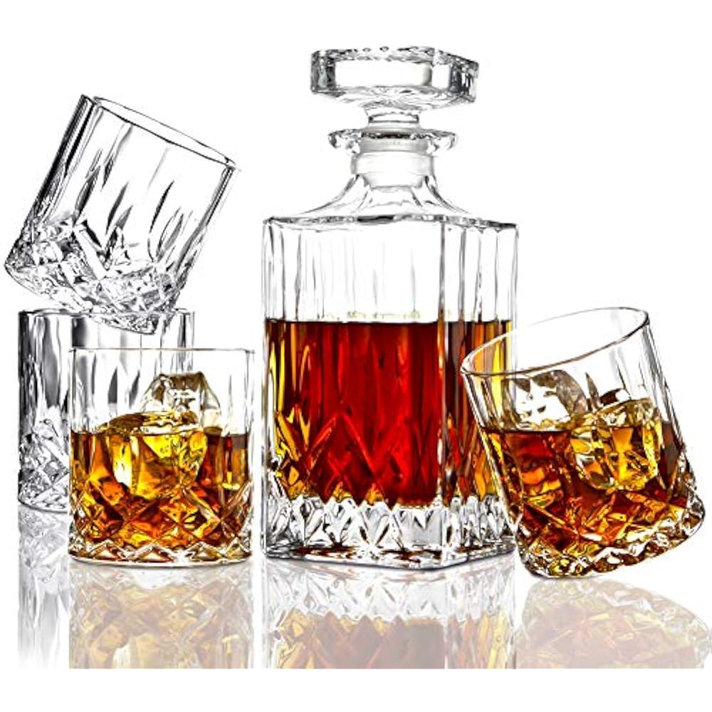 ELIDOMC 5PC Italian Crafted Crystal Whiskey Decanter & Glasses Set, 4