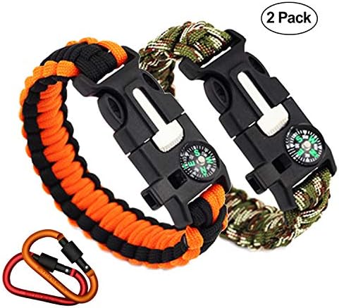 AVITY Survival Paracord Bracelet with D-ring Locking Carabiner Keychain, Paracord Survival Gear Kit Fits Men Women Kids for Hiking Camping Boating Emergency Outdoor Activities (2 pack)