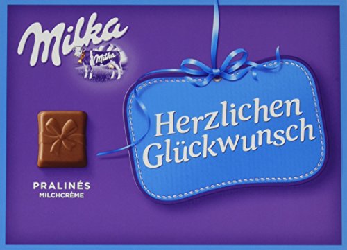 Milka Herzlichen Glückwunsch Milchcrème - Geschenkverpackung mit Pralinen aus Alpenmilch Schokolade - 1 x 110g