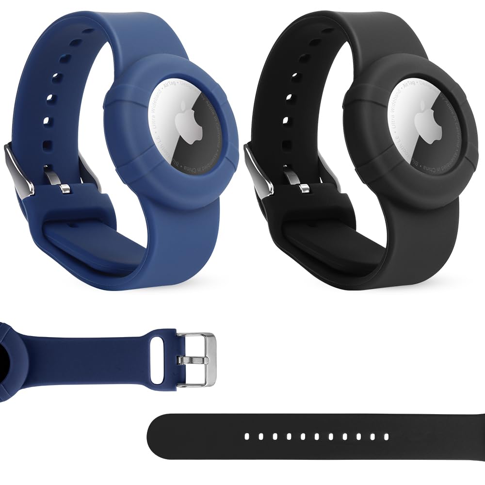2 Pack Air-tag Wristband Compatible with Apple Air-Tag,Soft Adjustable Air-tag Bracelet, Air-tag Watch Band for Kids Toddler Baby Children Elders (Black&Blue Plus) — image 1