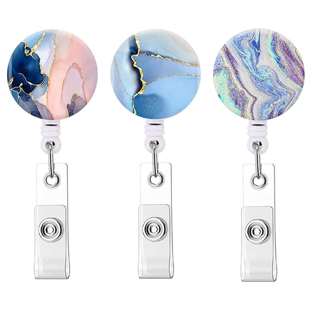 3 Pcs Retractable ID Badge Clip Marble Retractable ID Badge Holder for Card Key Ring Identity Badge Holder for Nurse Worker Doctor Teacher and Student