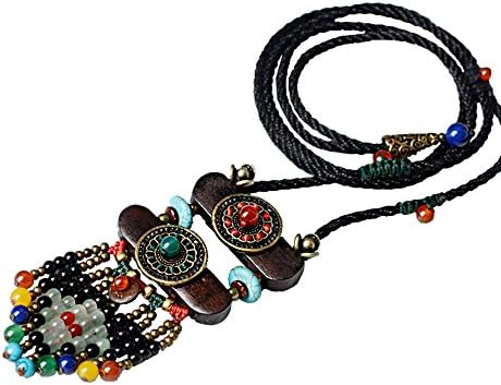 FYF Handmade Ethnic Women Long Necklace Blackstone Beads Agate Coconut Slice Pendant Vintage Jewelry