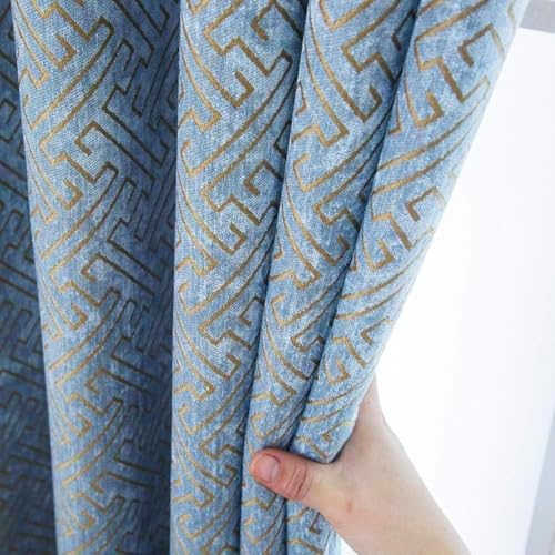 MYRU 1 Pair Chenille Curtains Semi Blackout Geometric Modern Curtains for Living Room Bedroom 2 Panels Set (2 x 52 x 84 Inch,Blue and Gold)