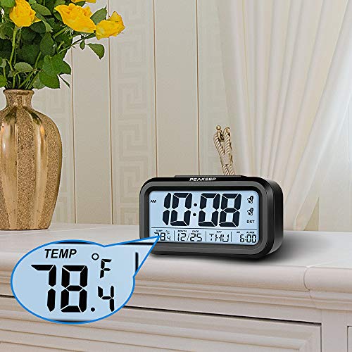 PEAKEEP DST Battery Digital Dual Alarm Clock, Low High Nightlight for Night, Multifunctional