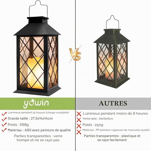 Yowin 2 x 35 cm Large Solar Garden Lantern with Candle, Tempered Glass, Waterproof Table Lamp Hanging Lamp, Solar Outdoor for Balcony Garden – Black