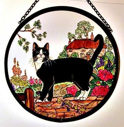 Winged Heart Decorative Hand Printed Stained Glass Window Sun Catcher/Roundel in a Cottage Garden Cat Design.