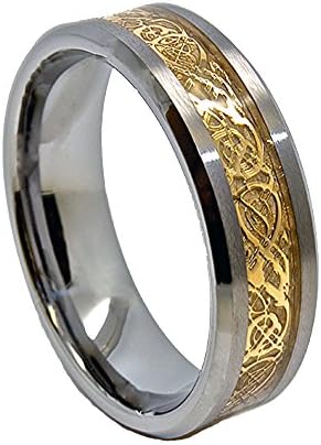 8mm Golden Colored Celtic Dragon Inlay Satin Tungsten Wedding Ring Size 12