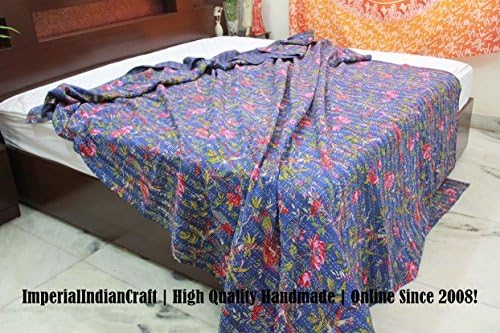 ImperialIndianCraft 100% Handmade Indian Kantha Quilt Blanket Comforter - Blue Shade Bird Of Paradise Print Quilt, Ethnic Bohemian, Mediterranean Bedding | PREMIUM QUALITY | KING SIZE 1