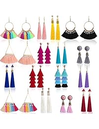 Outee 16 Pairs Tassel Earrings Colorful Long Layered Thread Ball Dangle Earrings Tassel Hoop Fringe Bohemian Tiered Tassel Drop Earrings Stud Earrings Set Fashion Jewelry for Girls Women Gift
