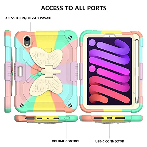 Silicon Case for iPad Mini 6 2021, iPad Mini 6th Generation Case for Kids, Cute Butterfly Wings Kickstand, with Shoulder Strap/ Pencil Holder Shockproof Cover for iPad Mini 6 8.3 inch (Colorful Pink)