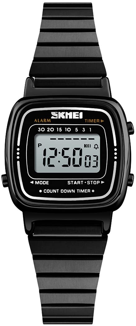 MASTOP Women's Classic Simple Petite Electronic Quartz Watch Stainless Steel Square Slim Led Digital Watch, Black, Digital,Quartz Watch